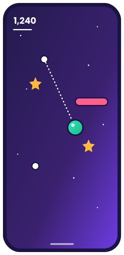 Concept preview of Snap & Swing gameplay: a tethered orb swinging past a barrier toward collectible stars